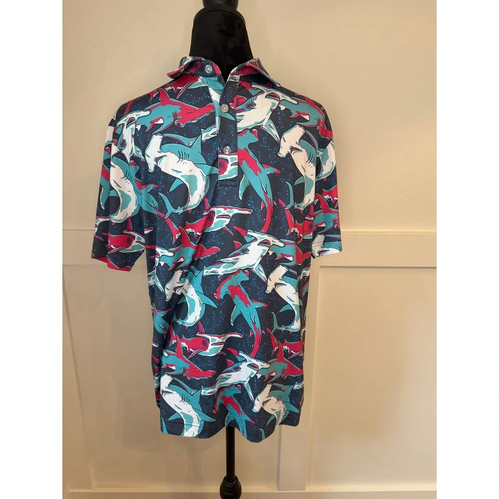 Waggle Golf Hammerhead Shark Polo Shirt Mens Medium Teal Pink Navy Performance - Picture 2 of 7